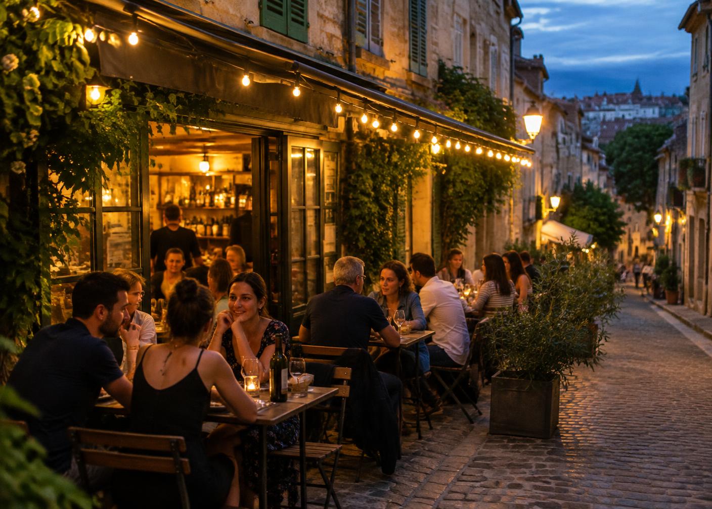 Terrasse d’un restaurant de quartier en soirée